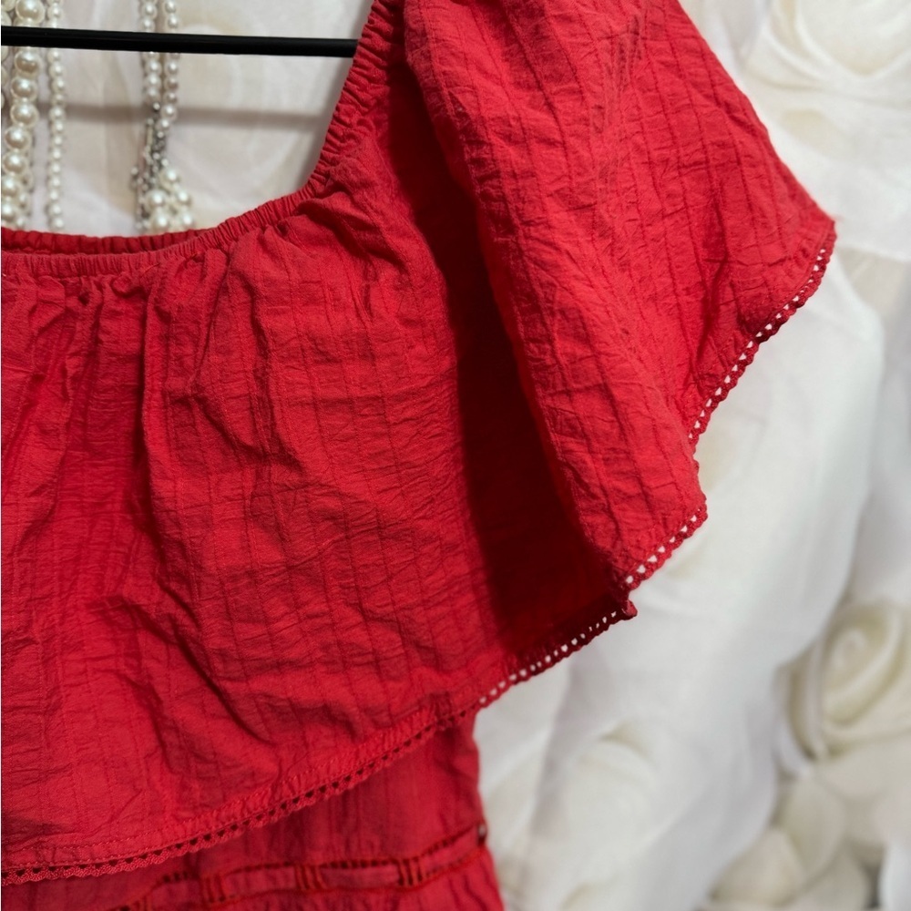Lucy Paris Tiered Midi Dress Size Small Red Off the Shoulder Peasant Boho - Picture 9 of 10